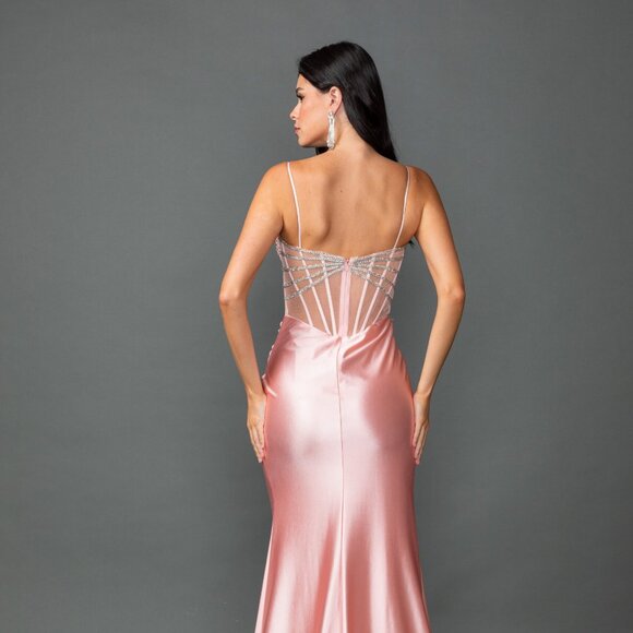 New Beads Embellished Sheath Prom Dress w/ V-Neck & Gathered Waistline DQ 4541 - Picture 6 of 8
